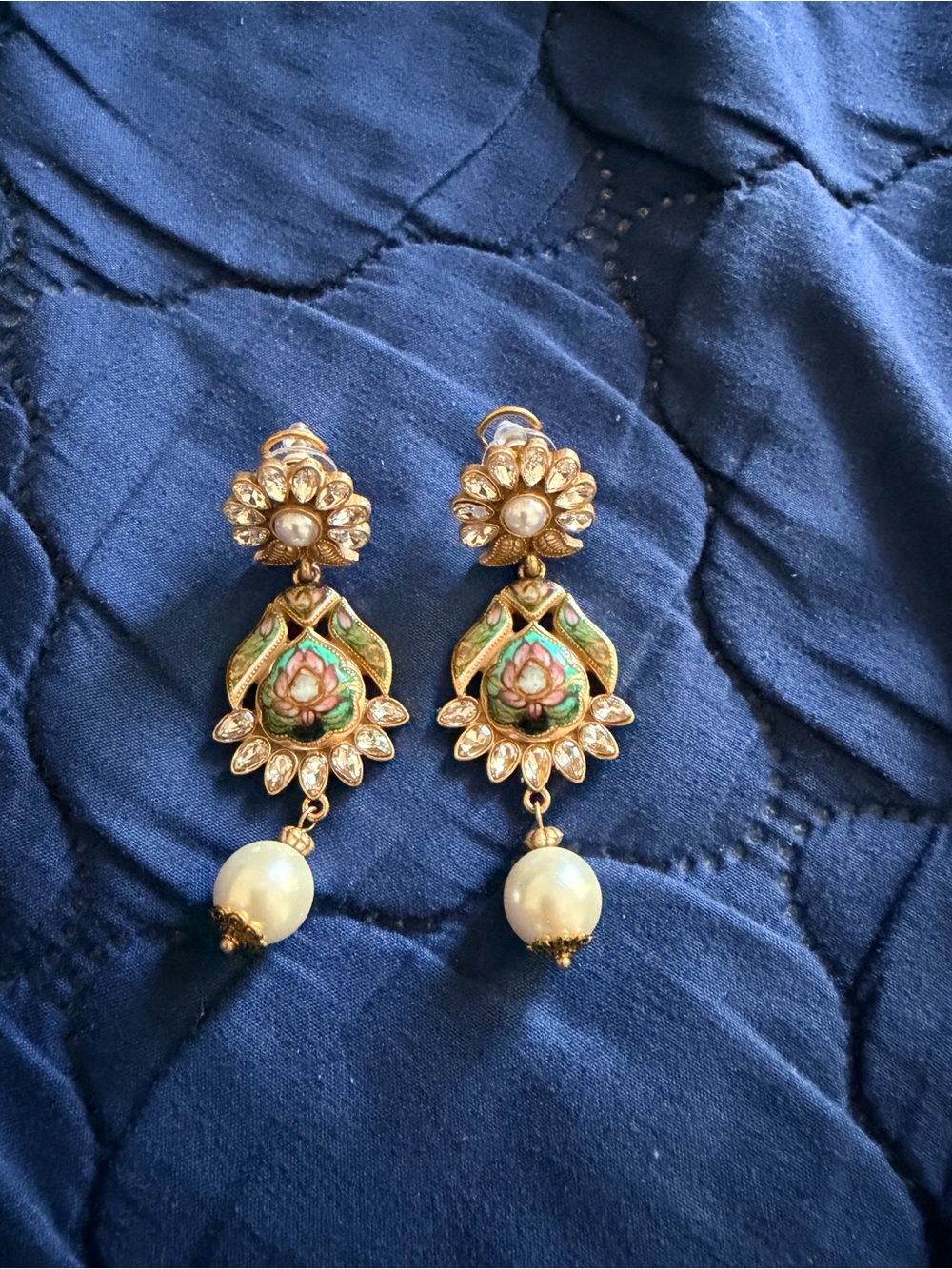 Gold-Tone Floral Enamel Pearl Drop Earrings in Green - Women Jewelry